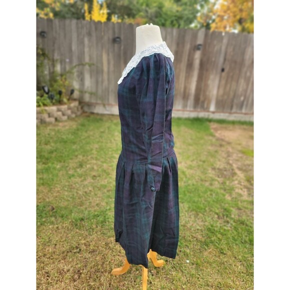 Laura Ashley Vintage Drop Waist Dress Size 8 Blue Green Plaid Tartan Wool Lace - Picture 3 of 9